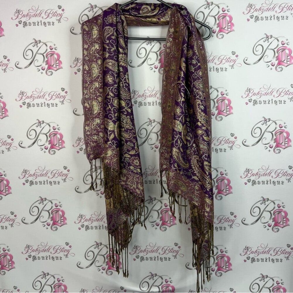 Scarf shawl paisley floral gold shiny Elegant Purple and Gold Paisley Scarf